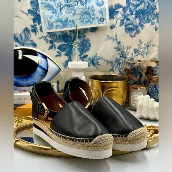 🆕 SEE BY CHLOE 🧿 NWOB Glyn Black Leather Espadrille Sandals - EU 37 - Picture 3 of 16